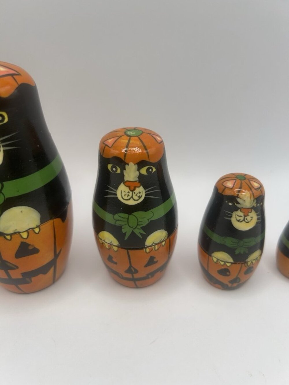 Halloween Kitty Cat Pumpkin Hand-Painted Wood Stacking Nesting Dolls Five Vtg - Picture 4 of 16